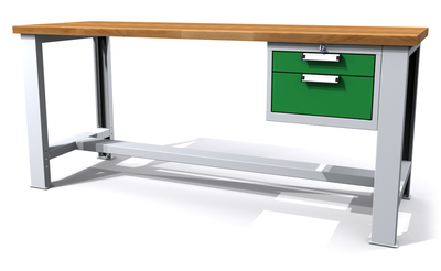 Dílenský stůl - šířka 2000 mm, nastavitekná výška, 1 kontejner: 2 zásuvky